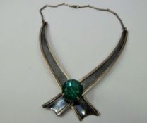 A Lady's Silver Jerusalem Green Glass Wishbone Necklace and Chain.