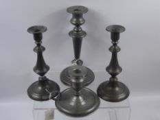 A Pair of 19th Century English Pewter Candlesticks, together with a single candlestick of large size