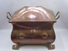 An Arts & Crafts Copper and Brass Coal Box, with liner, the casket box having raised floral