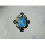 A Lady's Gem 9k Gold Blue Topaz and Diamond Ring, blue octagon topaz 11 x 9 mm, approx 5.4 ct,