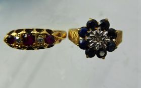 A Lady's 9 ct Gold Bark Finish Sapphire and Diamond Ring, Size M, 1 x 1 pts 8 ct dia and 8 x 3 mm