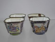 Four Antique Chinese Enamel Liquor Cups, hand painted with figures in a garden. (af)