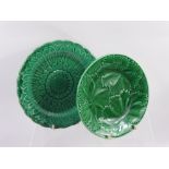 A Pair of Antique Green Wedgwood Sun Flower Design Plates, together with two green cabinet plates