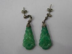 A Pair of Lady's Antique Silver and Carved Jade and Marcasite Drop Earrings, the tear drop
