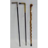 Three Gentleman's Walking Sticks, including Briar wood, Horn handled cane and a Chinese white