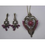 A Lady's Silver Marcasite Pink Stone Drop Pendant Necklace and Matching Earrings, together with a