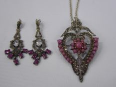 A Lady's Silver Marcasite Pink Stone Drop Pendant Necklace and Matching Earrings, together with a