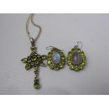 A Lady's Silver Green Stone Drop Pendant Necklace, together with matching earrings, approx 28 gms.