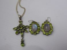 A Lady's Silver Green Stone Drop Pendant Necklace, together with matching earrings, approx 28 gms.