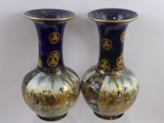 A Pair of Japanese Kutani Ware Vases, with panels depicting various court scenes with figures at