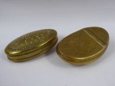 A 19th Century Brass Slipper Snuff Box, dated 1885 together with another dated 1905 and inscribed