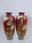 A Pair of Chinese Cloisonné Vases, depicting birds amongst prunus and iris, approx 20 cms (af)