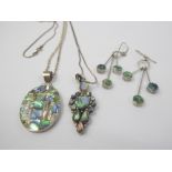 Two Lady's Abalone Fancy Pendants, on silver chains, approx 40 gms