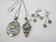 Two Lady's Abalone Fancy Pendants, on silver chains, approx 40 gms