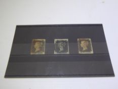 Three 3-margin Penny Black Stamps, two red cancellations and one black.