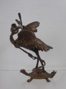 An Antique Bronze Figure of a Crane beside a Turtle, approx 20 cms, (possibly was a candle holder)