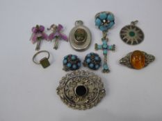Quantity of Silver and Semi-Precious Stone Jewellery, including rings, brooches together with a hard
