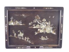 Two Chinese Mother of Pearl Panels, depicting figures in a pagoda landscape, approx 31 x 43 cms