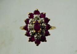 A Lady's Vintage 9 ct Yellow Gold Marquise Ruby and Diamond Ring, the single ruby 5 x 2.5 mm, 12 x