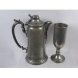 An English Pewter Flagon, engraved with matching chalice with similar engraving, circa 1850.