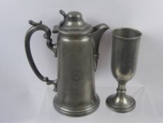 An English Pewter Flagon, engraved with matching chalice with similar engraving, circa 1850.