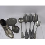 A Miscellaneous 19th Century Collection Comprising, six pewter spoons, a large pewter shoe, three