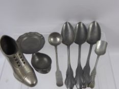 A Miscellaneous 19th Century Collection Comprising, six pewter spoons, a large pewter shoe, three