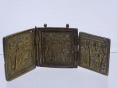 An Antique Brass Travelling Triptych, each panel depicting Christ and Apostles, possibly of