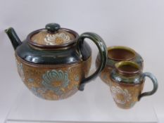 A Royal Doulton Stoneware 'Slaters Patent' Tea Trio, comprising tea pot, milk jug and sugar bowl,