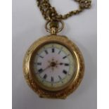 A Lady's Continental 14 ct Self Wind Gold and Enamel Open Face Pocket Watch, on yellow metal muff