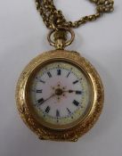 A Lady's Continental 14 ct Self Wind Gold and Enamel Open Face Pocket Watch, on yellow metal muff