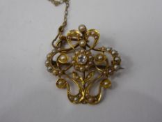 A Lady's Edwardian 15 Ct Diamond and Seed Pearl Pendant Brooch, 8 x 10 pts dias, approx 50 seed