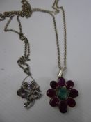 A Lady's Silver Pink and Green Stone Necklace and Chain, together with a single earring and