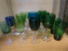 A Quantity of Late Victorian Coloured Glass, including three green beakers, three green sherry