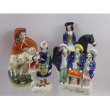 19th Century Staffordshire Group, including a red cloaked woman petting her dog approx 23 cms, 'Lang
