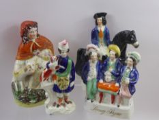 19th Century Staffordshire Group, including a red cloaked woman petting her dog approx 23 cms, 'Lang