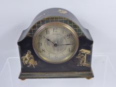 An Antique Chinoisserie Mantel Clock, silver face with numeric dial, Swiss made Buren movement,