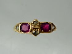 A Lady's Antique 18 ct Yellow Gold Ruby and Rose Cut Diamond Ring, two 4 x 3.5 mm ruby's, 4 x rose