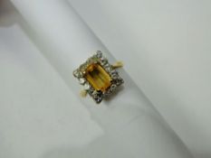 A Lady's Antique 18 ct Yellow Stone Topaz and Diamond Ring, topaz 9 x 6 mm, 65 pts dias, size N,