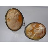 Two Lady's Antique Shell Cameo's, one depicting a feminine nude with doves, the other a classical