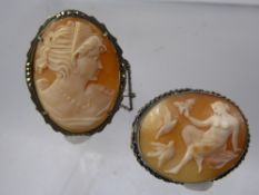 Two Lady's Antique Shell Cameo's, one depicting a feminine nude with doves, the other a classical