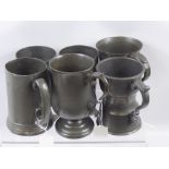 Six 19th Century 1 Pint Pewter Tankards, with various maker's marks, public house names etc.