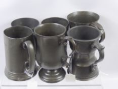 Six 19th Century 1 Pint Pewter Tankards, with various maker's marks, public house names etc.