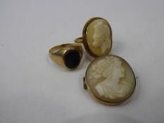 Miscellaneous Collection of Jewellery, including 9 ct Cameo Ring size L, Seal Ring size M, Shell
