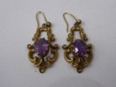 A Pair Lady's Antique 14 ct Gold and Amethyst Drop Earrings, two amethyst 10 x 8 mm, approx 10.2