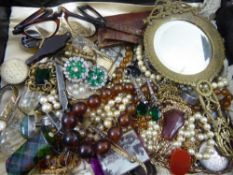 A Box of Miscellaneous Costume Jewellery and other Ephemera, including necklaces, brooches,