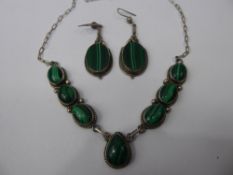 A Lady's Malachite and Silver Beaded Necklace, together with a pair of malachite drop earrings. (3)
