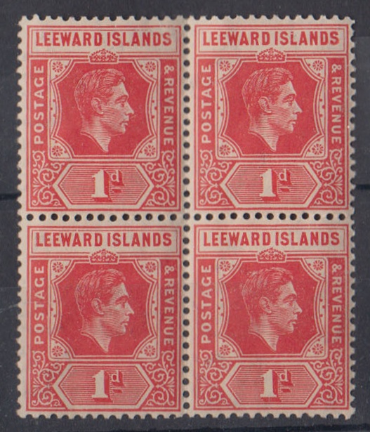 1938-51 1d scarlet block of 4, the top left stamp with part of top frame line missing at right.