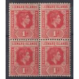 1938-51 1d scarlet block of 4, the top left stamp with part of top frame line missing at right.
