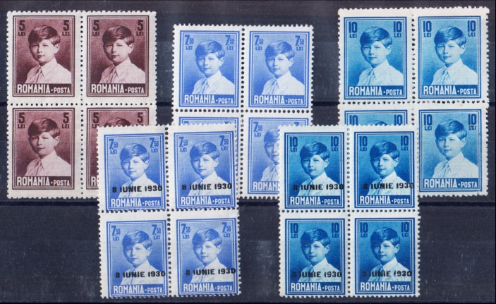 1928-30 Five different U/M blocks of 4 (20)